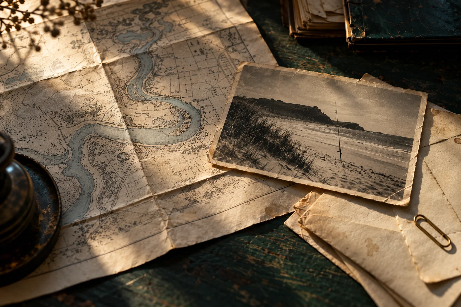 An illustrative still life of an old river map, faded beach photograph, and aged envelopes in window light.