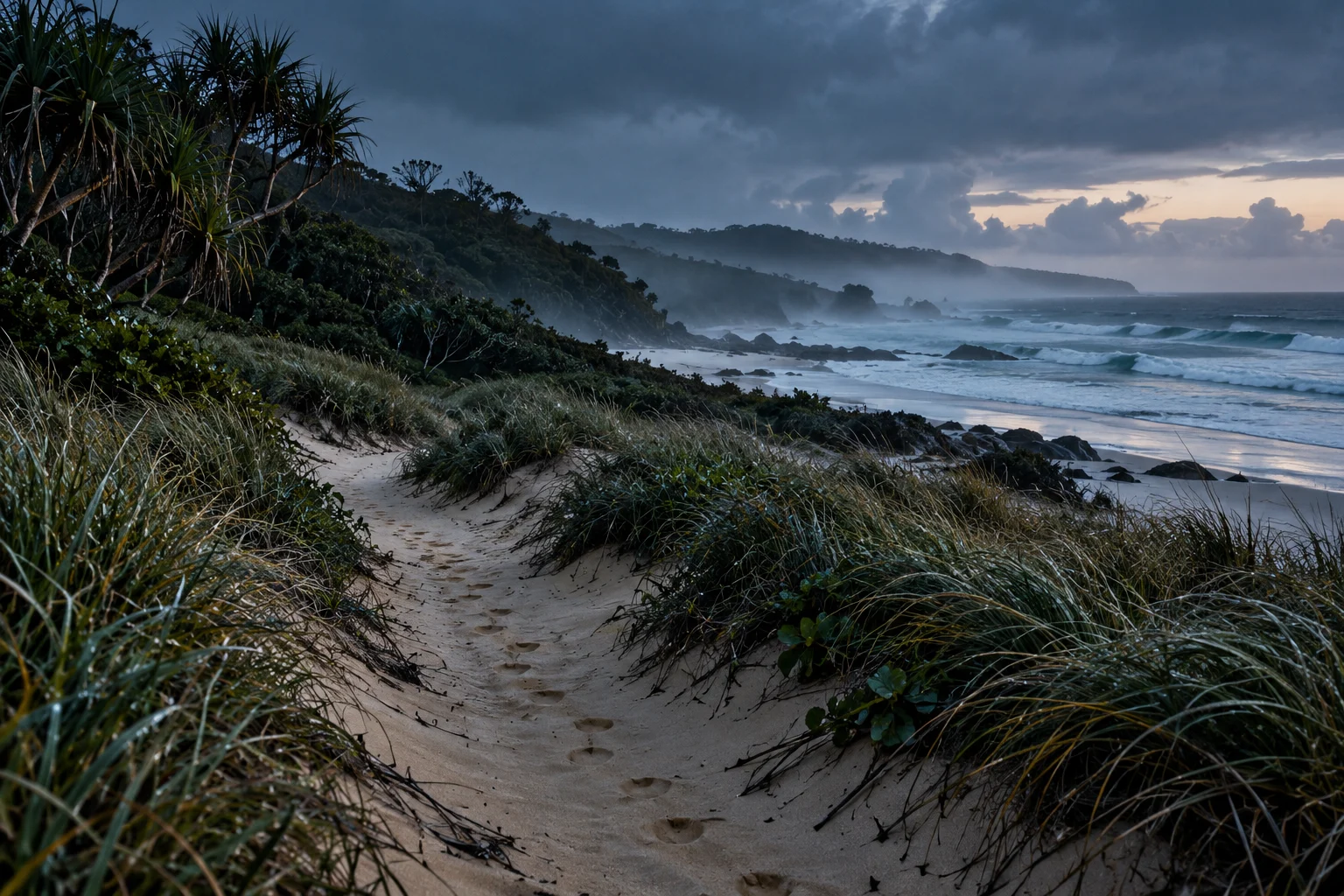 An imagined coastal setting for The Beach: a sandy track winding through dunes towards the ocean.