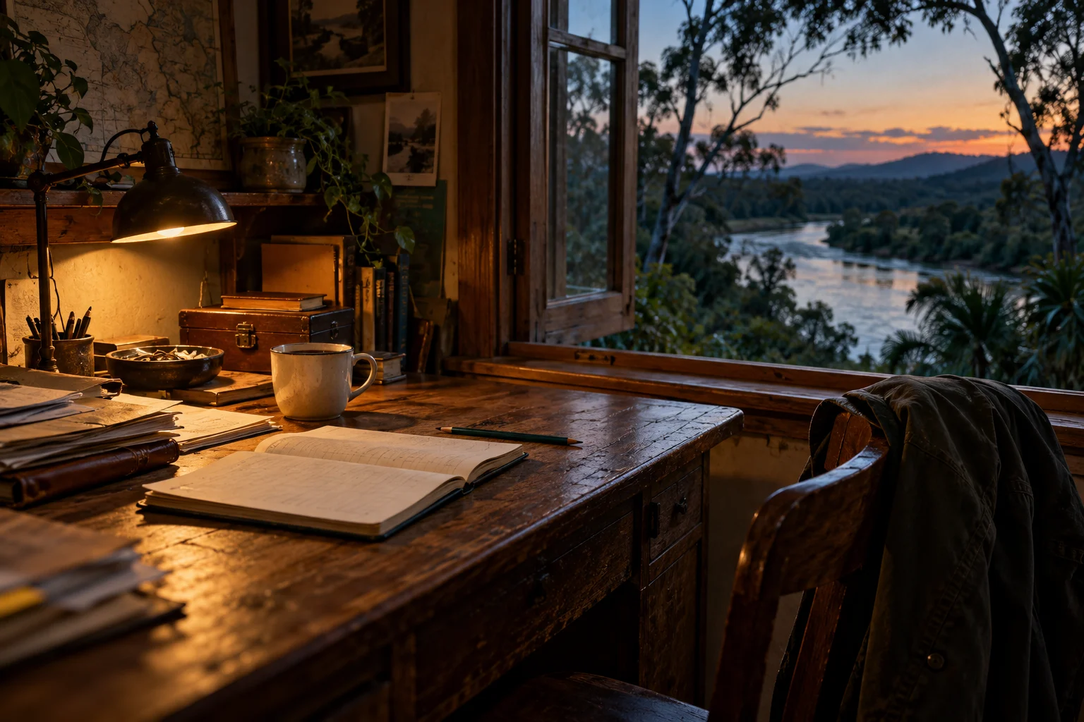 An illustrated investigator’s desk with a notebook, coffee cup, and empty chair beside a river-facing window.